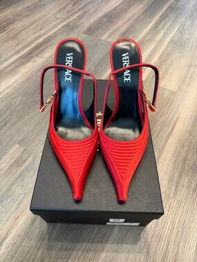 Versace Red Pointed Toe Slingback Mules with Gold Accent